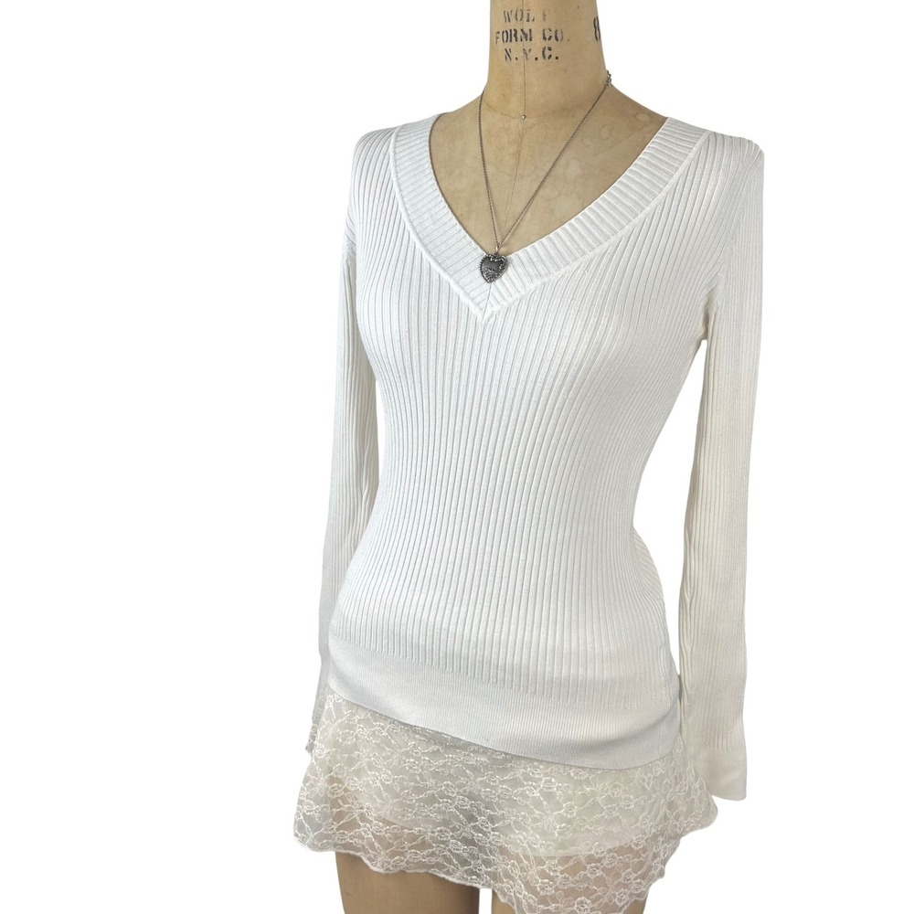 Preppy White Ribbed Long Sleeve Academia Y2K Layering Size Small Classic Basic - Picture 2 of 6